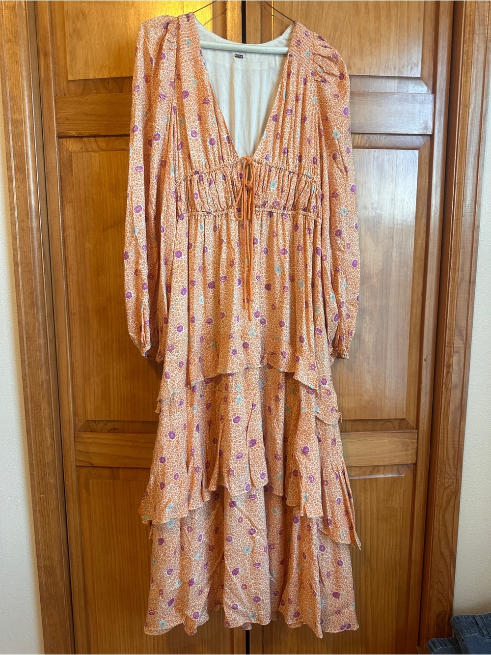 Free People Peach Floral Long Sleeve Tie-Front Mini Dress- NWOT